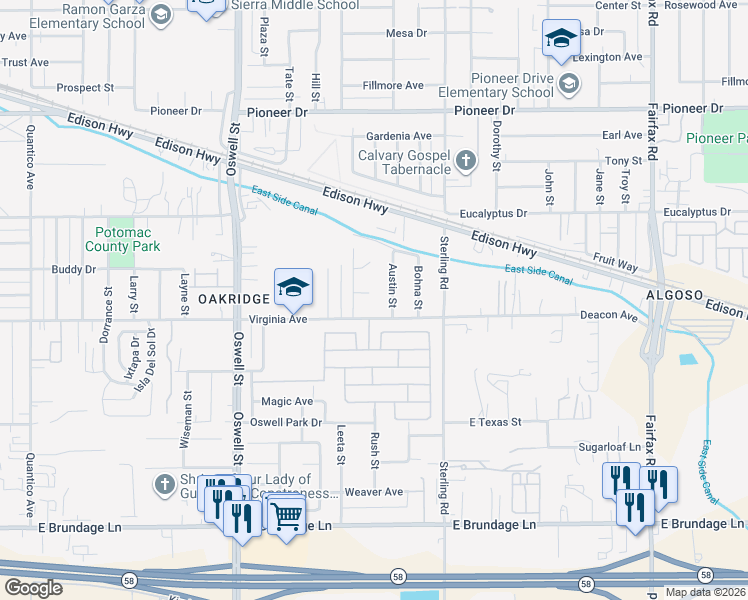 map of restaurants, bars, coffee shops, grocery stores, and more near 3612 Periwinkle Court in Bakersfield