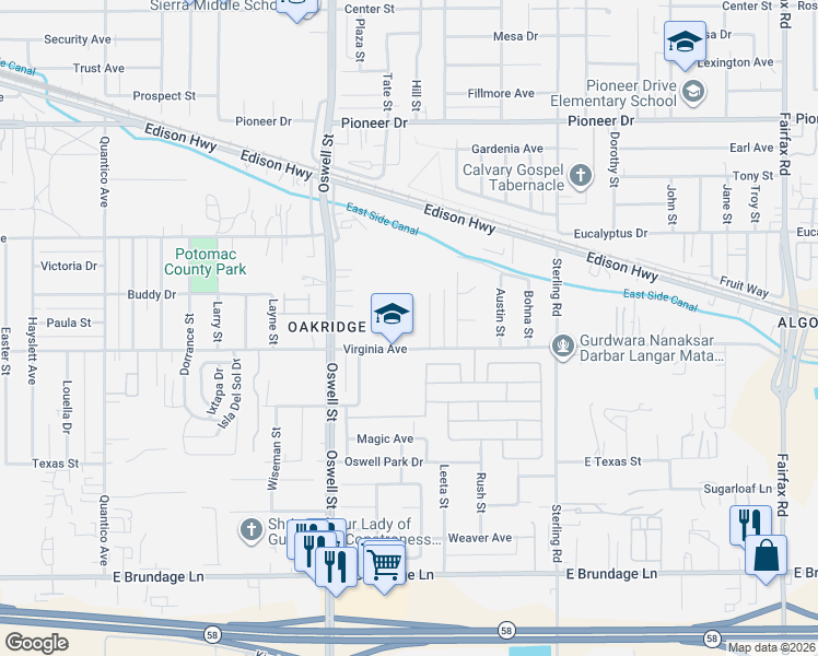 map of restaurants, bars, coffee shops, grocery stores, and more near 424-500 Poinsetta Street in Bakersfield