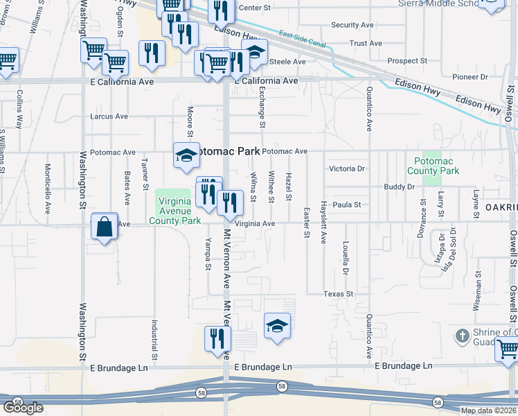 map of restaurants, bars, coffee shops, grocery stores, and more near 506 Withee Street in Bakersfield