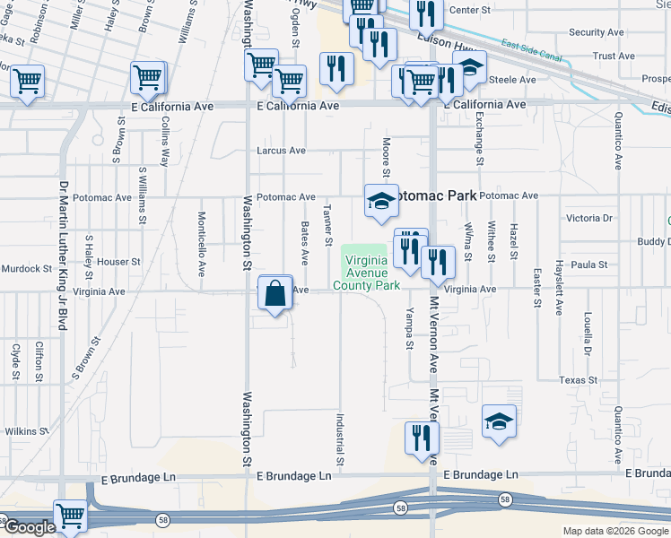 map of restaurants, bars, coffee shops, grocery stores, and more near 505 Tanner Street in Bakersfield