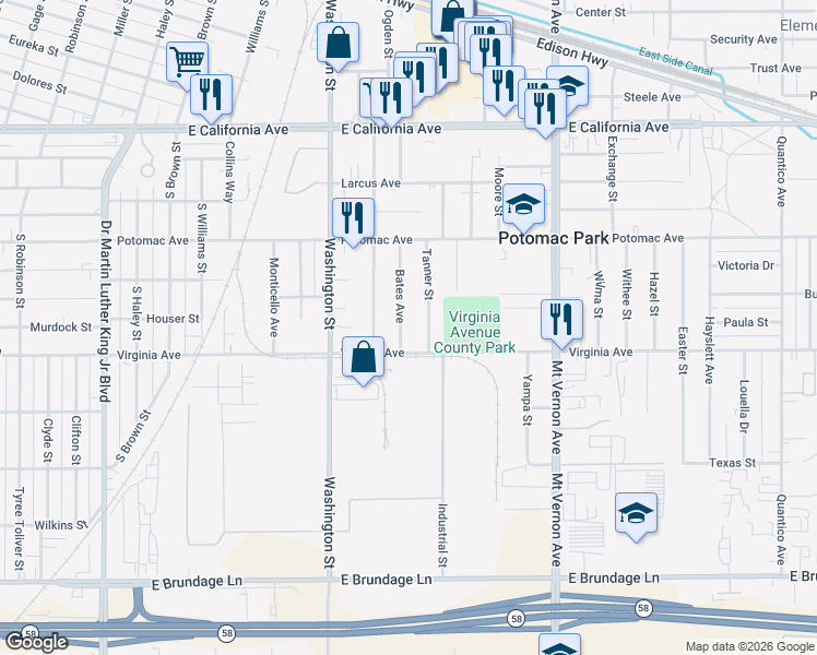 map of restaurants, bars, coffee shops, grocery stores, and more near 516 Bates Avenue in Bakersfield
