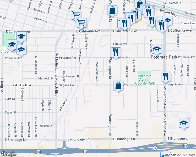 map of restaurants, bars, coffee shops, grocery stores, and more near 634 Monticello Avenue in Bakersfield