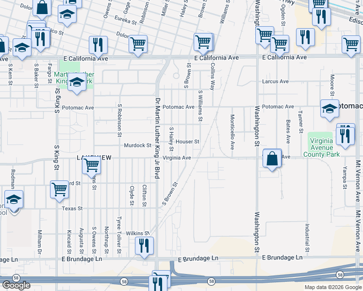 map of restaurants, bars, coffee shops, grocery stores, and more near 500 South Brown Street in Bakersfield