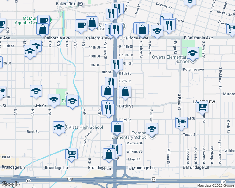 map of restaurants, bars, coffee shops, grocery stores, and more near 103 East 6th Street in Bakersfield