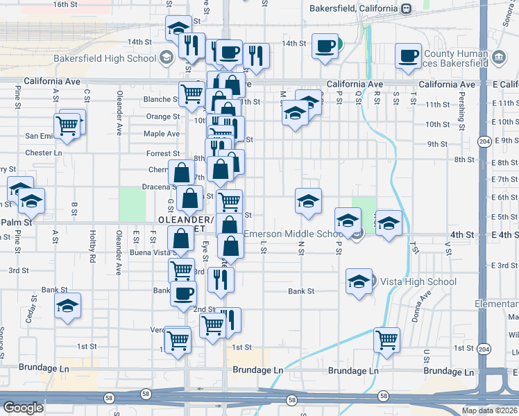 map of restaurants, bars, coffee shops, grocery stores, and more near 530 K Street in Bakersfield