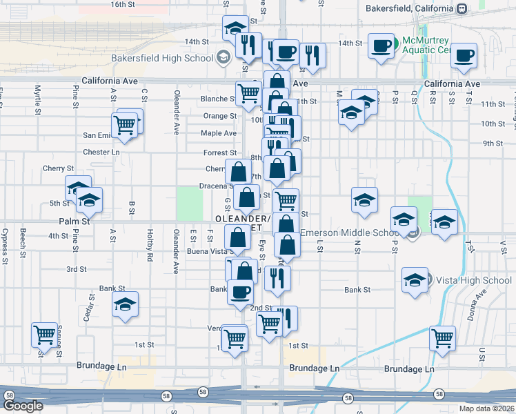 map of restaurants, bars, coffee shops, grocery stores, and more near 525 Eye Street in Bakersfield