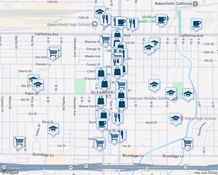 map of restaurants, bars, coffee shops, grocery stores, and more near 525 Eye Street in Bakersfield