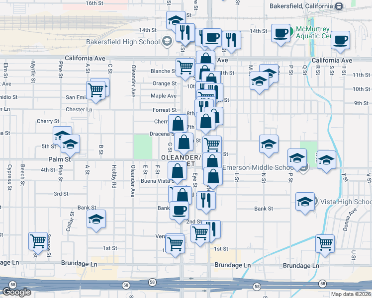 map of restaurants, bars, coffee shops, grocery stores, and more near 525 Eye Street in Bakersfield