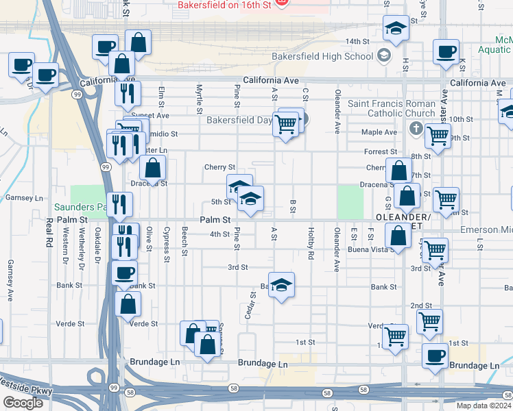 map of restaurants, bars, coffee shops, grocery stores, and more near 400 Pine Street in Bakersfield