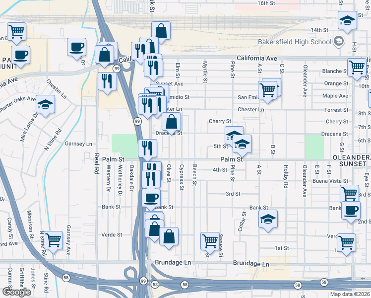 map of restaurants, bars, coffee shops, grocery stores, and more near 525 Beech Street in Bakersfield
