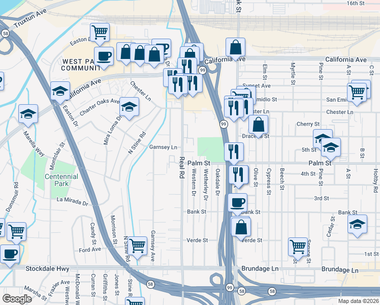 map of restaurants, bars, coffee shops, grocery stores, and more near 500 Real Road in Bakersfield