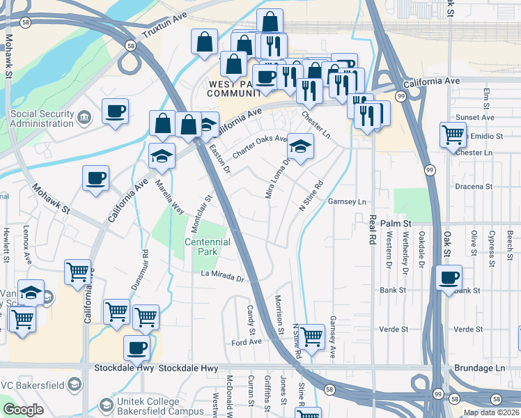 map of restaurants, bars, coffee shops, grocery stores, and more near 4305 Woodlake Drive in Bakersfield