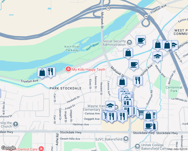 map of restaurants, bars, coffee shops, grocery stores, and more near 5723 Cochran Drive in Bakersfield