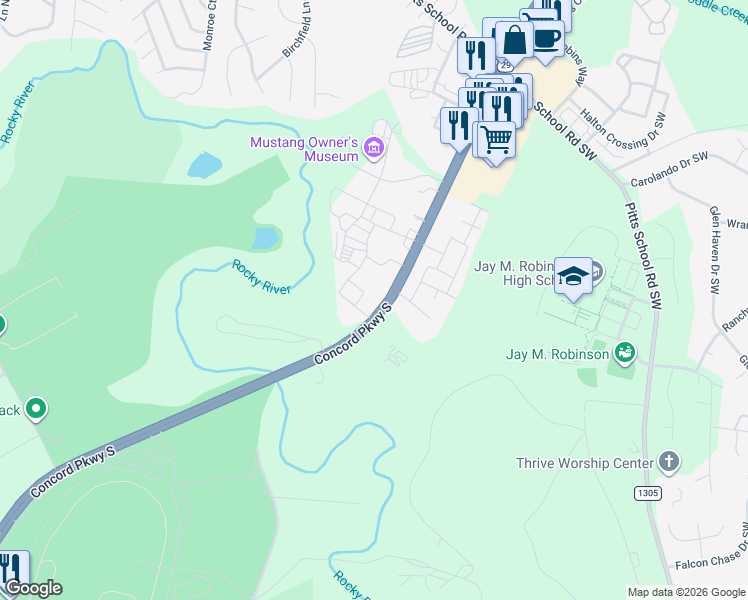 map of restaurants, bars, coffee shops, grocery stores, and more near 4310 Concord Parkway South in Concord