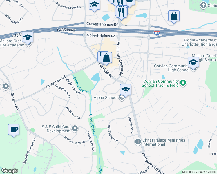 map of restaurants, bars, coffee shops, grocery stores, and more near 12525 Loganville Drive in Charlotte