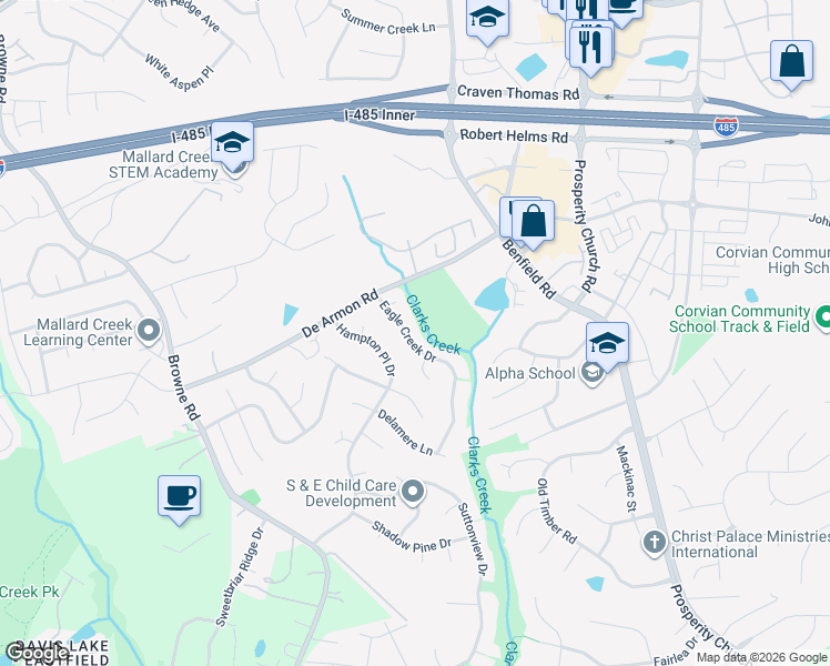 map of restaurants, bars, coffee shops, grocery stores, and more near 5205 Eagle Creek Drive in Charlotte