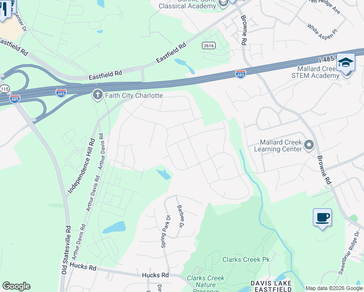 map of restaurants, bars, coffee shops, grocery stores, and more near 7903 Meridale Forest Drive in Charlotte