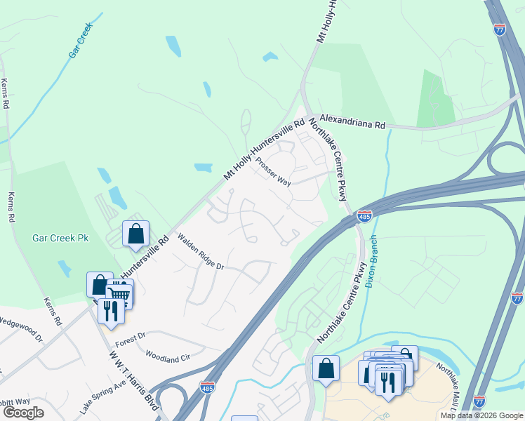 map of restaurants, bars, coffee shops, grocery stores, and more near 10239 Reindeer Way Lane in Charlotte