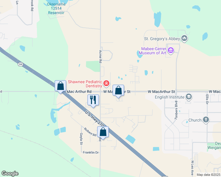 map of restaurants, bars, coffee shops, grocery stores, and more near 12432 Acme Road in Shawnee