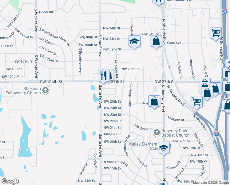 map of restaurants, bars, coffee shops, grocery stores, and more near 1004 Northwest 26th Street in Moore