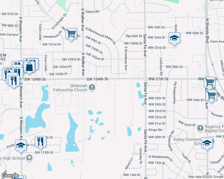 map of restaurants, bars, coffee shops, grocery stores, and more near 10500 South Harvey Avenue in Oklahoma City