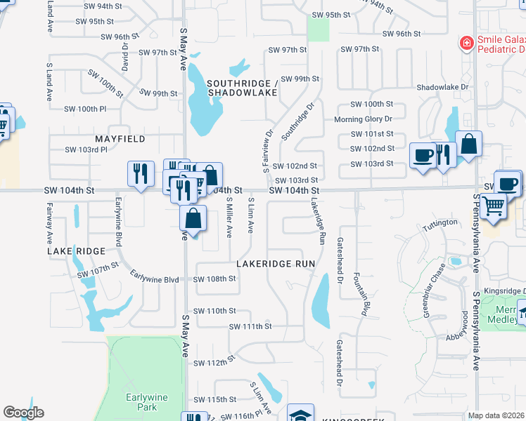 map of restaurants, bars, coffee shops, grocery stores, and more near 2664 Southwest 105th Street in Oklahoma City