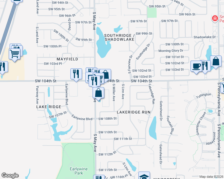 map of restaurants, bars, coffee shops, grocery stores, and more near 10509 South Miller Avenue in Oklahoma City