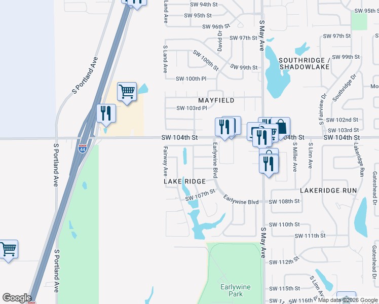 map of restaurants, bars, coffee shops, grocery stores, and more near 3205 Southwest 105th Terrace in Oklahoma City