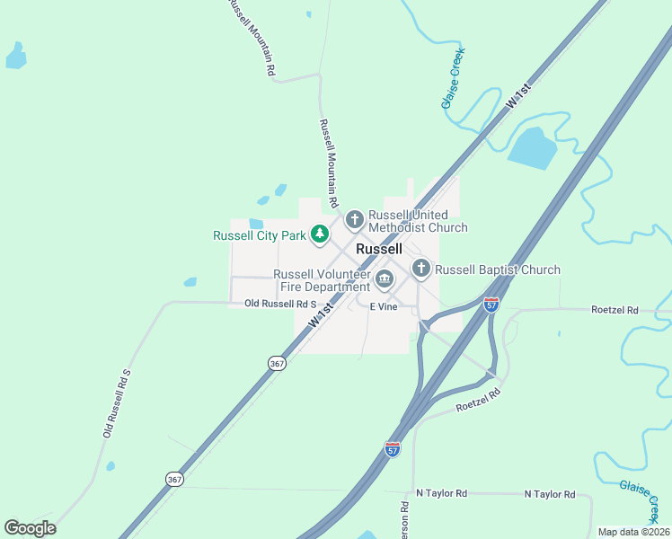 map of restaurants, bars, coffee shops, grocery stores, and more near 211 West 2nd Street in Russell
