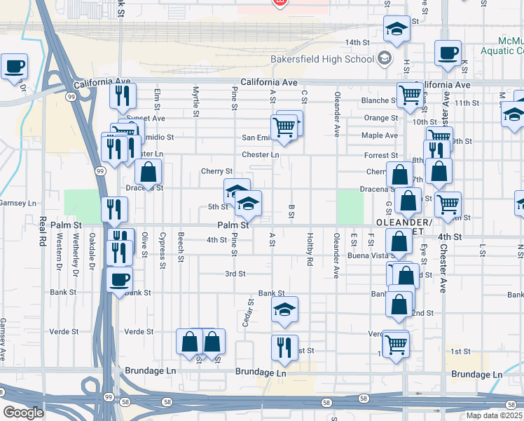 map of restaurants, bars, coffee shops, grocery stores, and more near 421 A Street in Bakersfield
