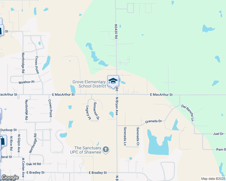map of restaurants, bars, coffee shops, grocery stores, and more near 2800 North Bryan Avenue in Shawnee