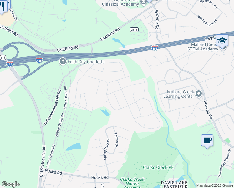map of restaurants, bars, coffee shops, grocery stores, and more near 7903 Meridale Forest Drive in Charlotte