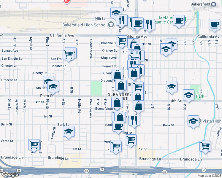 map of restaurants, bars, coffee shops, grocery stores, and more near 517 G Street in Bakersfield