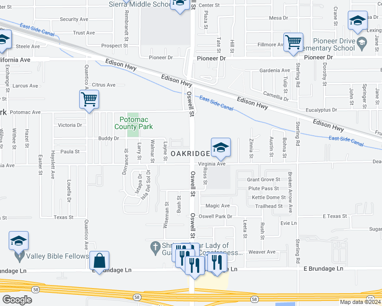 map of restaurants, bars, coffee shops, grocery stores, and more near 464 North Oswell Street in Bakersfield