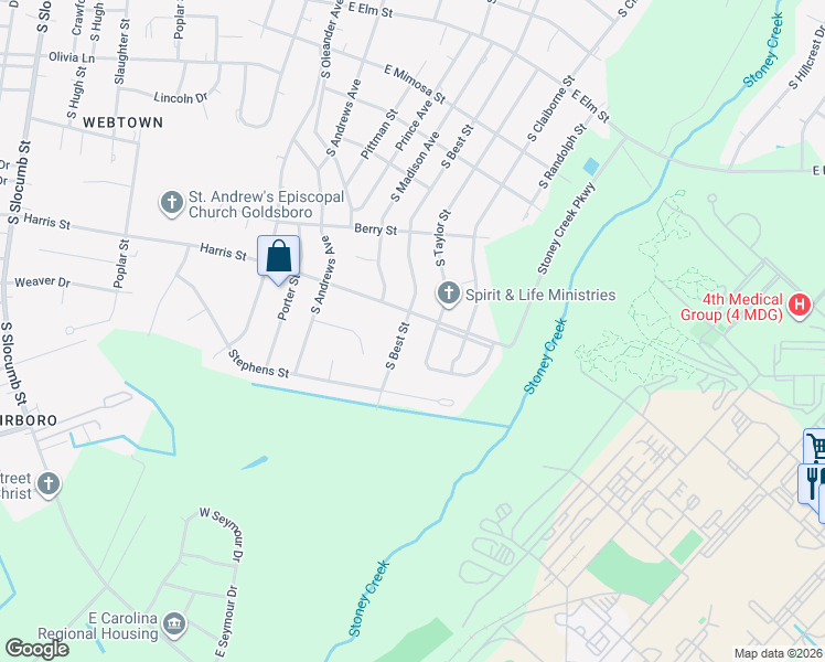 map of restaurants, bars, coffee shops, grocery stores, and more near 1200 South Best Street in Goldsboro