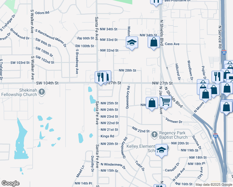 map of restaurants, bars, coffee shops, grocery stores, and more near 2700 Kings Road in Moore