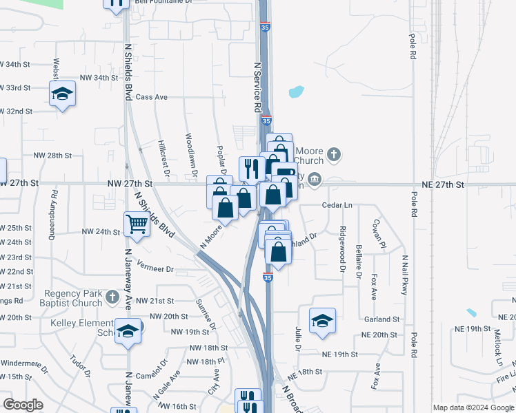 map of restaurants, bars, coffee shops, grocery stores, and more near 2941 North Moore Avenue in Moore