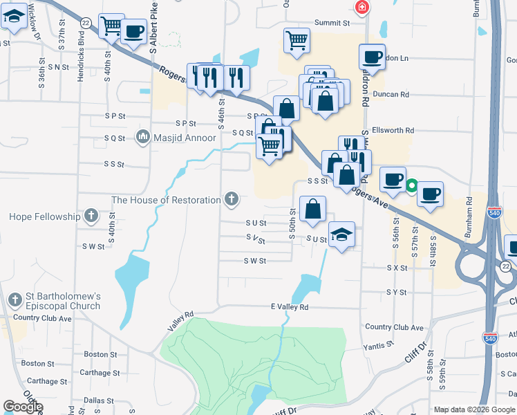 map of restaurants, bars, coffee shops, grocery stores, and more near 4708 South T Circle in Fort Smith