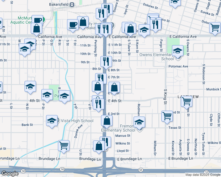 map of restaurants, bars, coffee shops, grocery stores, and more near 103 East 6th Street in Bakersfield