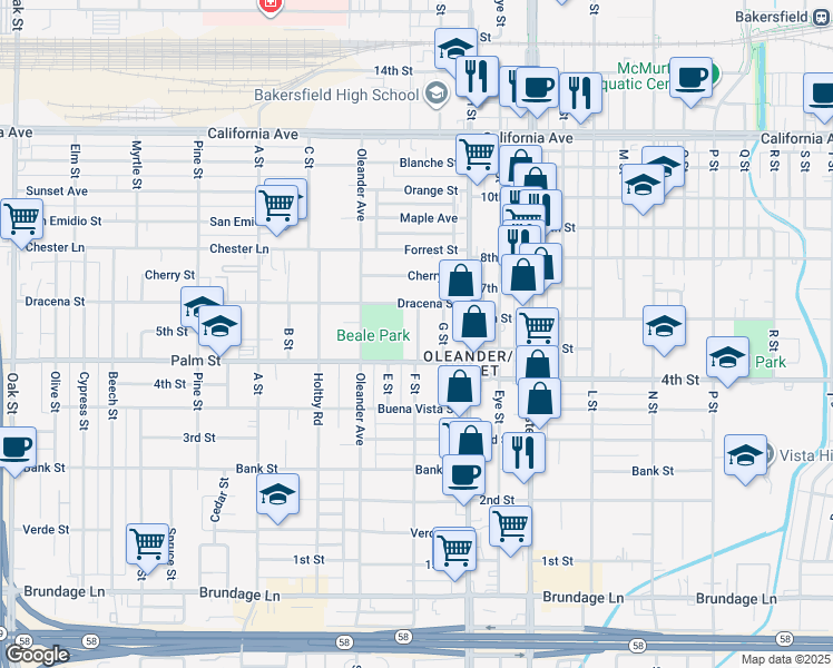 map of restaurants, bars, coffee shops, grocery stores, and more near 529 F Street in Bakersfield
