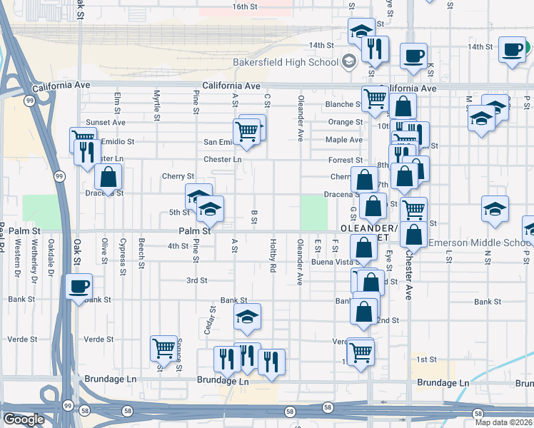 map of restaurants, bars, coffee shops, grocery stores, and more near 520 B Street in Bakersfield
