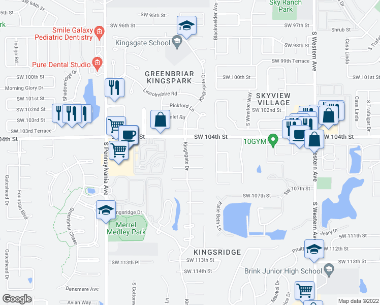 map of restaurants, bars, coffee shops, grocery stores, and more near 1324 Southwest 105th Place in Oklahoma City