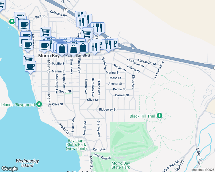 map of restaurants, bars, coffee shops, grocery stores, and more near 534 Kern Avenue in Morro Bay