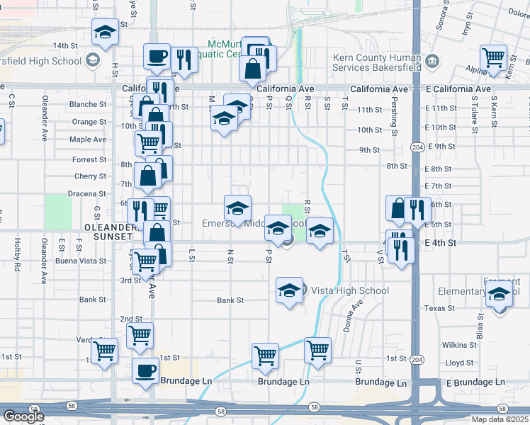 map of restaurants, bars, coffee shops, grocery stores, and more near 531 P Street in Bakersfield