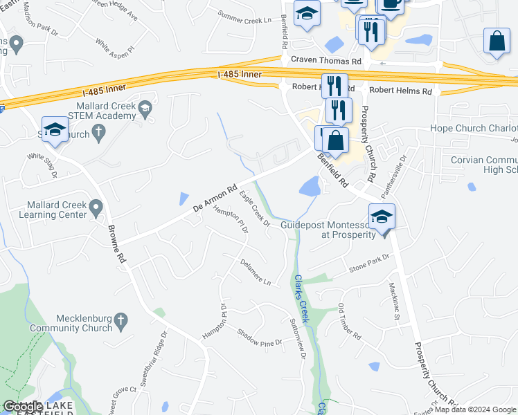 map of restaurants, bars, coffee shops, grocery stores, and more near 5124 Eagle Creek Drive in Charlotte