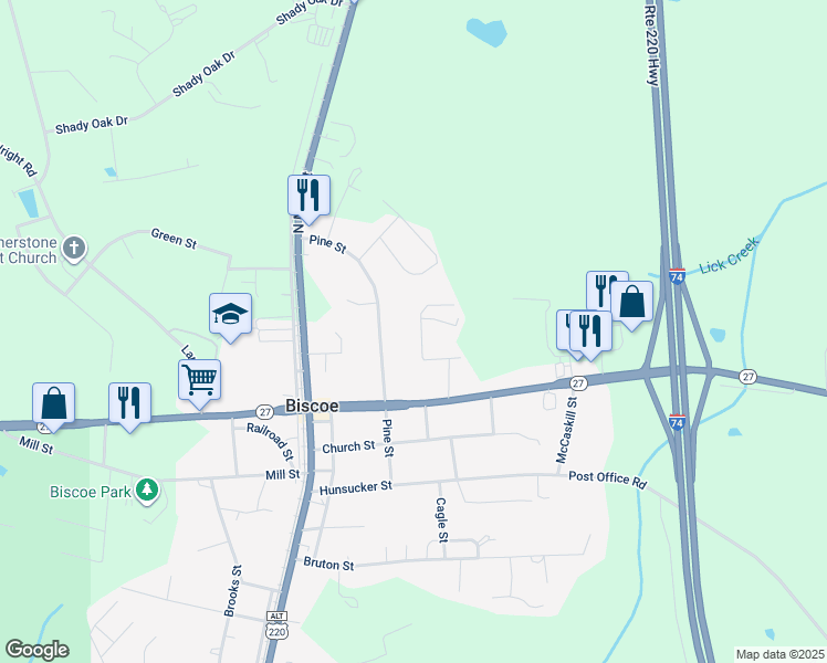 map of restaurants, bars, coffee shops, grocery stores, and more near 219 Brendana Drive in Biscoe