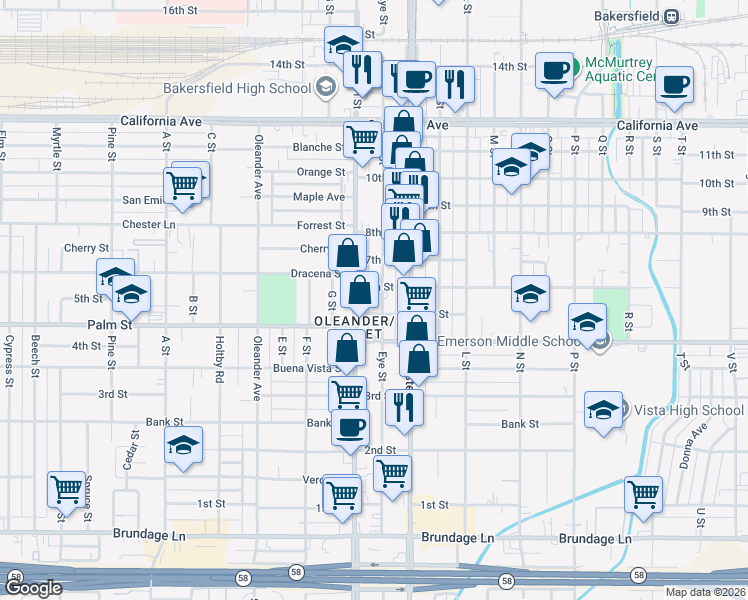 map of restaurants, bars, coffee shops, grocery stores, and more near 521 Eye Street in Bakersfield
