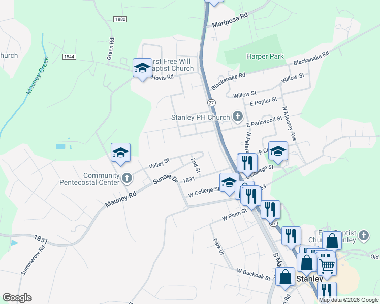 map of restaurants, bars, coffee shops, grocery stores, and more near 300 Valley Street in Stanley