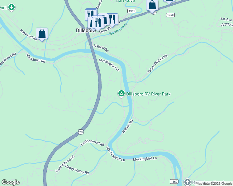 map of restaurants, bars, coffee shops, grocery stores, and more near 380 Mockingbird Lane in Sylva