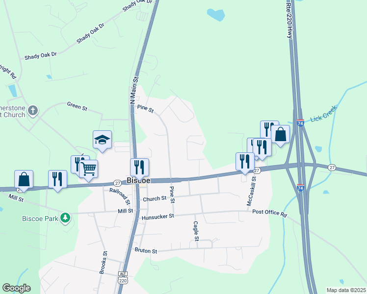 map of restaurants, bars, coffee shops, grocery stores, and more near 219 Brendana Drive in Biscoe